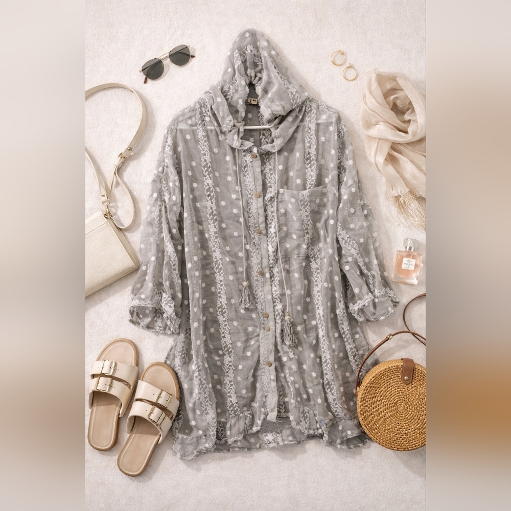 POL Sheer Gray Embroidered Tassels Button Up Tunic/shirt. Ladies Size Medium